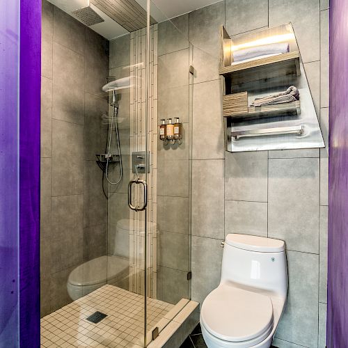 A clean and modern bathroom with a shower, toilet, and tiled walls.