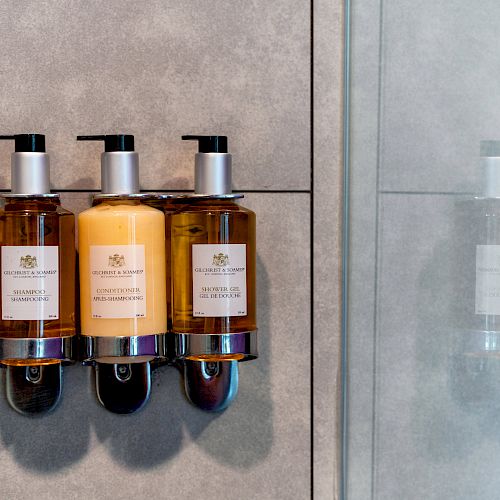 Three bottles of toiletries on a wall-mounted rack