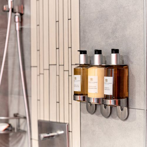 A shower with bottles on a wall-mounted rack