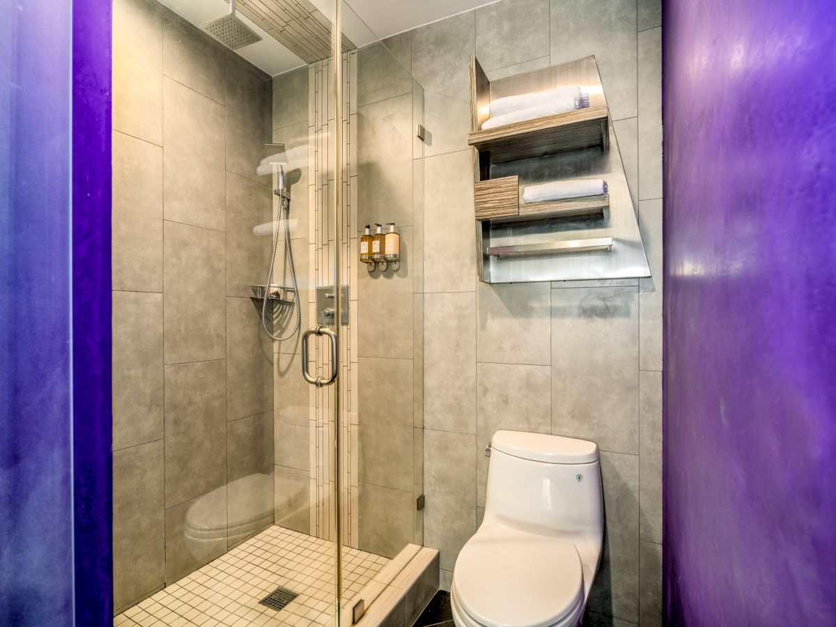 A modern bathroom with a glass-enclosed shower, toilet, and wall-mounted shelves.