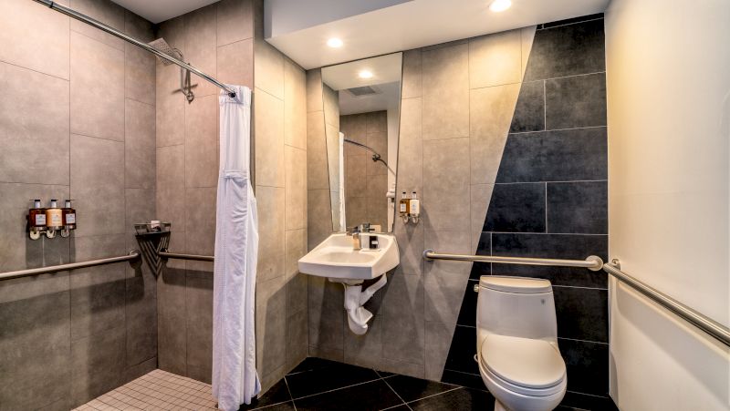 A modern bathroom with a shower, toilet, sink, and mirror.